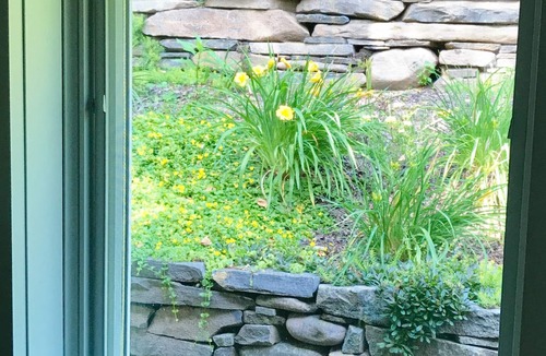 Woodstock Cottage | Tannery Brook Cottage: Terraced Garden with Patio, Cascade and Fire Pit.