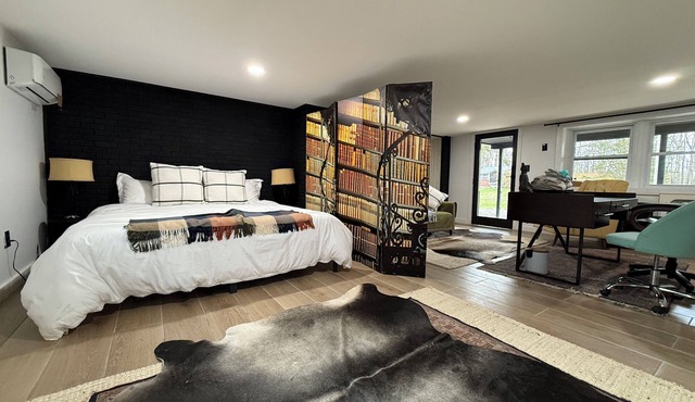 Massive king suite + media gym Room, private shower, hot-tub patio& fire pit.”